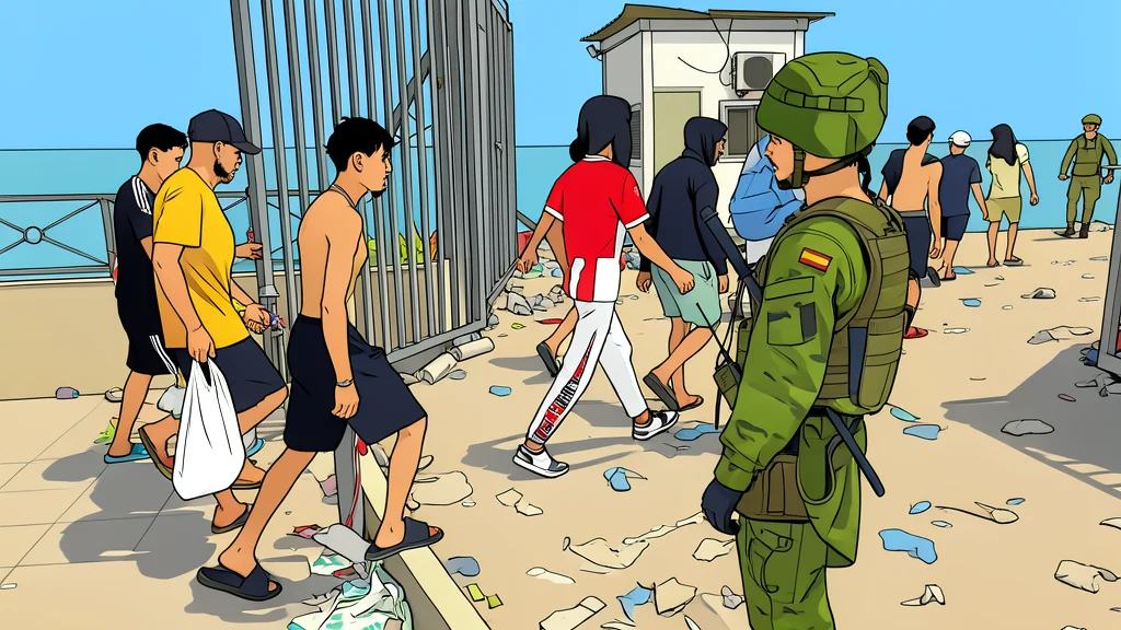 A flat vector illustration of a fortified border fence with barbed wire separating two land masses.