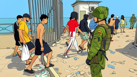 A flat vector illustration of a fortified border fence with barbed wire separating two land masses.