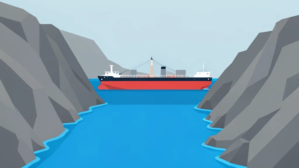 A large oil tanker ship moving through a narrow strait between rocky coastlines