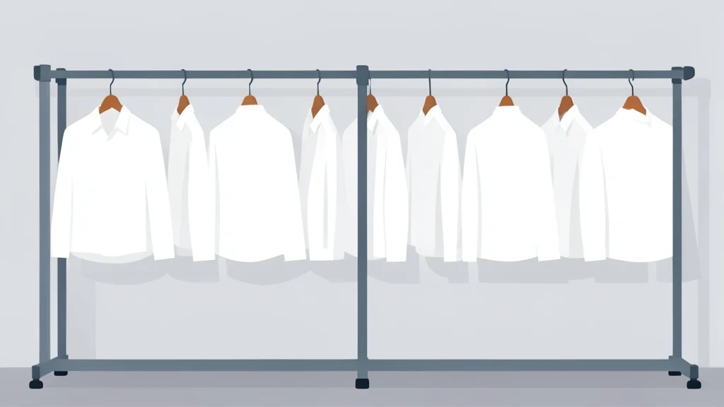 A row of folded, pressed white work uniforms hanging on metal racks in a clean storage room.
