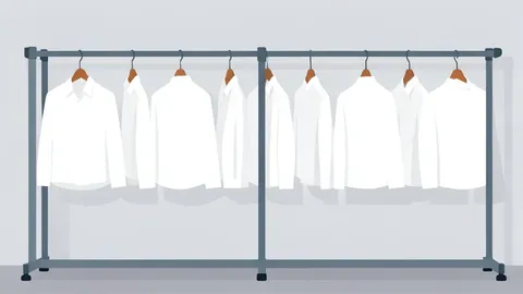 A row of folded, pressed white work uniforms hanging on metal racks in a clean storage room.