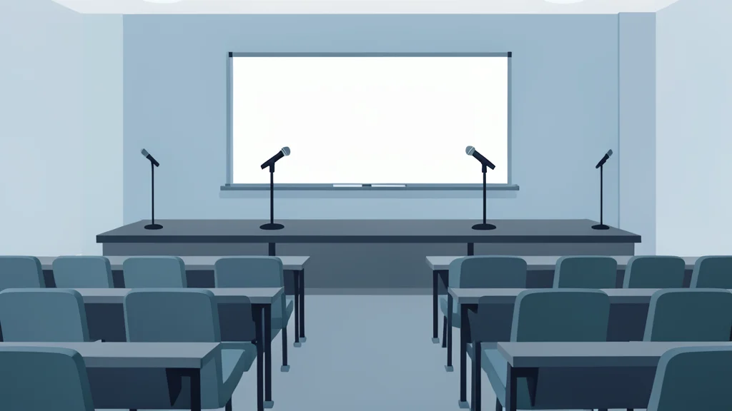 A university lecture hall with a stage and microphones