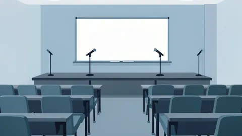 A university lecture hall with a stage and microphones