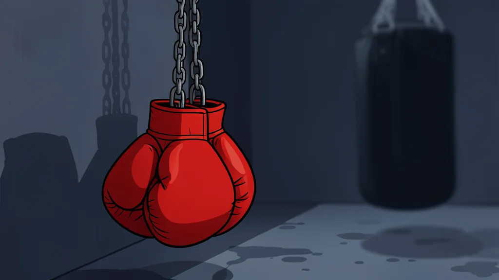A red boxing ring with white ropes set inside a large indoor arena