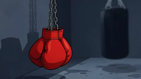 A red boxing ring with white ropes set inside a large indoor arena