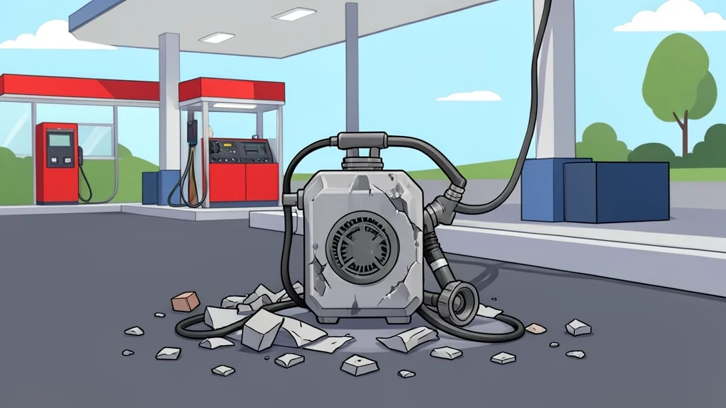 A damaged fuel pump at a gas station with scattered debris on the asphalt