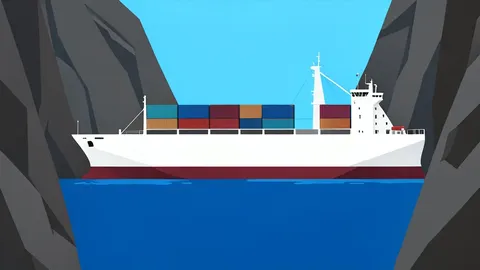 A flat vector illustration of cargo ships navigating the narrow waterway of the Strait of Hormuz.