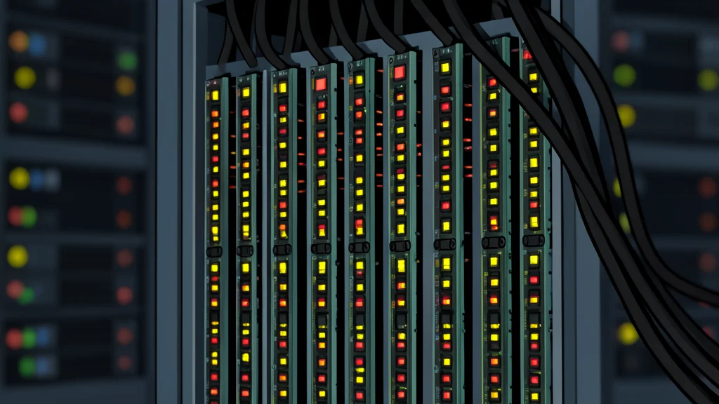 A flat-vector illustration of a server rack in a data center.