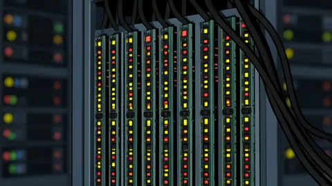 A flat-vector illustration of a server rack in a data center.