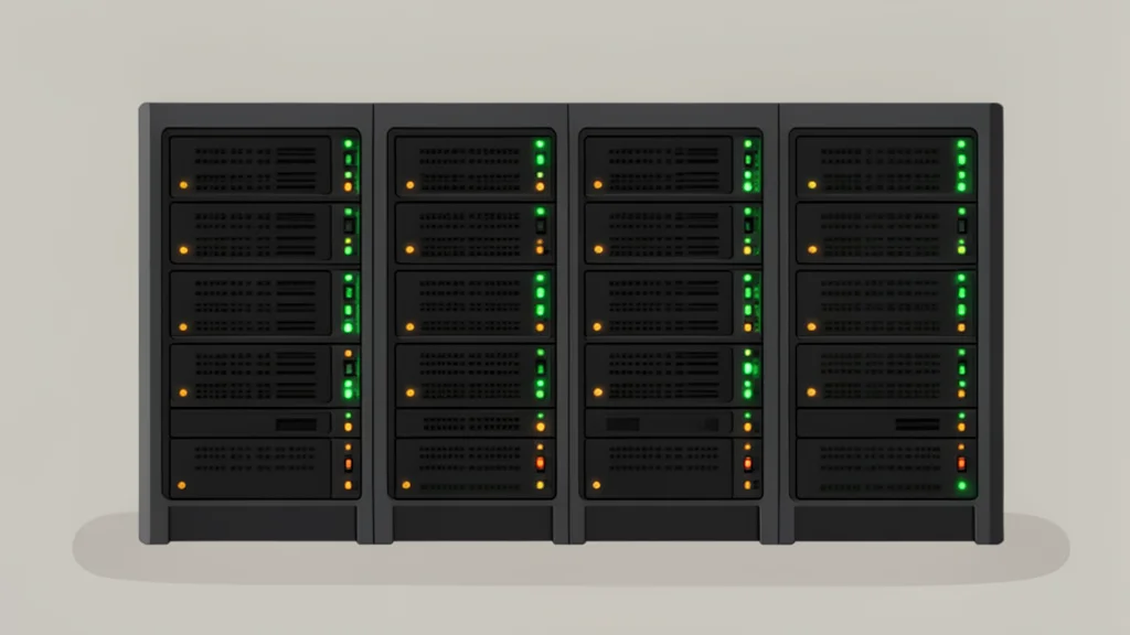 A server rack with blinking status lights