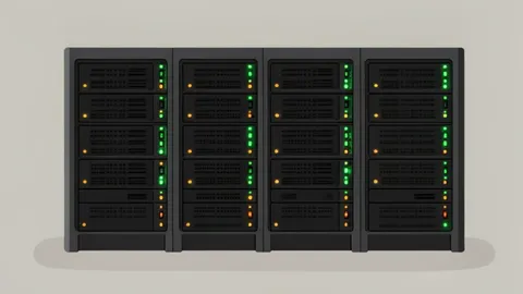 A server rack with blinking status lights