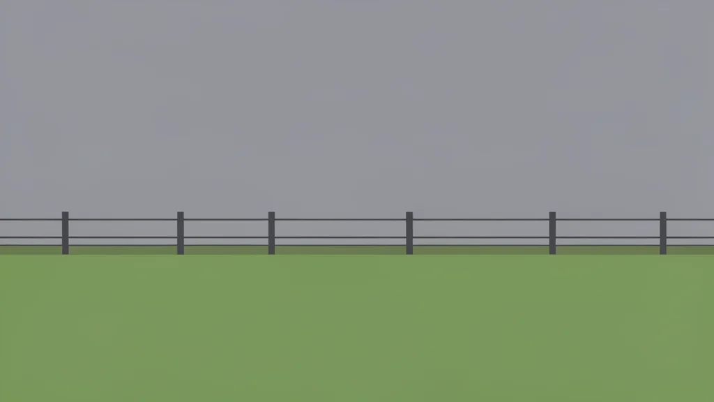 A long, straight border fence stretching across a flat, grassy landscape under an overcast sky