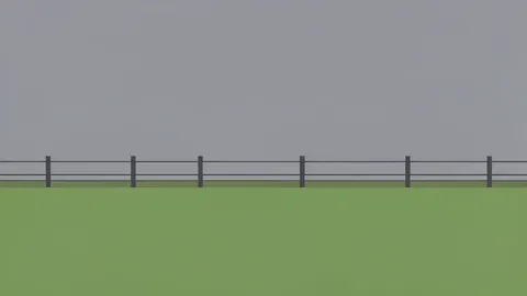 A long, straight border fence stretching across a flat, grassy landscape under an overcast sky