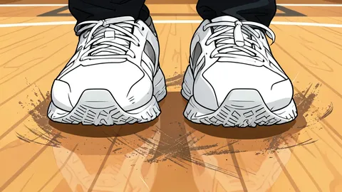 A white volleyball resting on a wooden gymnasium floor