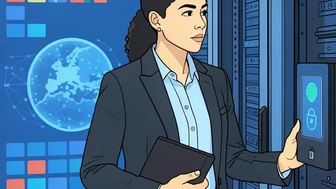 A stylized vector illustration of a server rack in a data center with blue and grey tones.