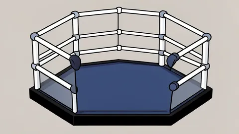 A padded octagonal fighting cage with white ropes and a central canvas floor
