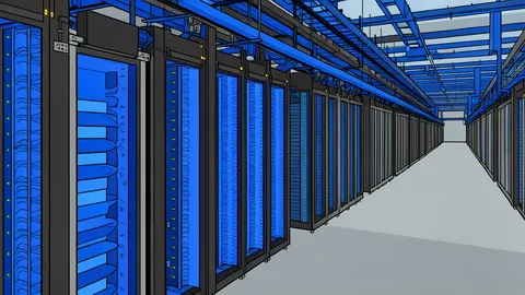 A server rack with blinking status lights