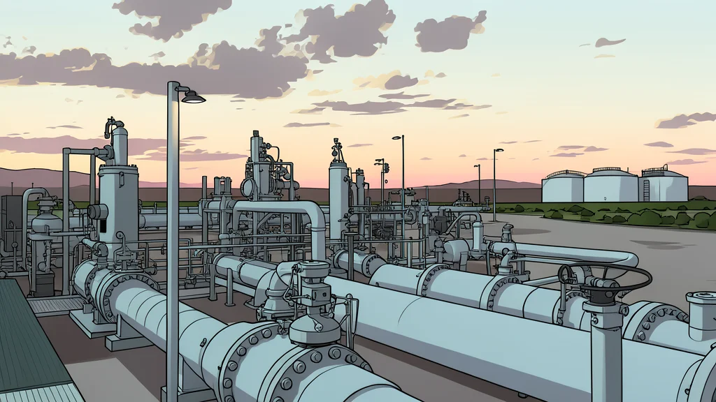 A network of large-diameter steel pipelines running through a rural landscape
