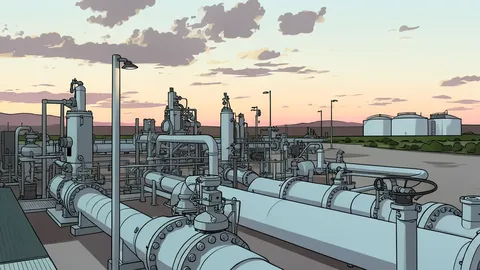 A network of large-diameter steel pipelines running through a rural landscape