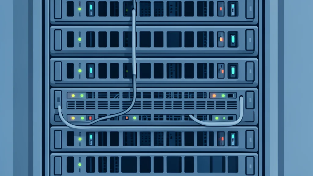 A flat vector illustration of a server rack with a subtle cloud icon above it, symbolizing data transfer.