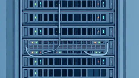 A flat vector illustration of a server rack with a subtle cloud icon above it, symbolizing data transfer.