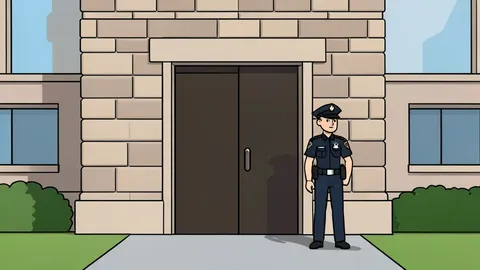 A stone brick building entrance with a police officer standing guard