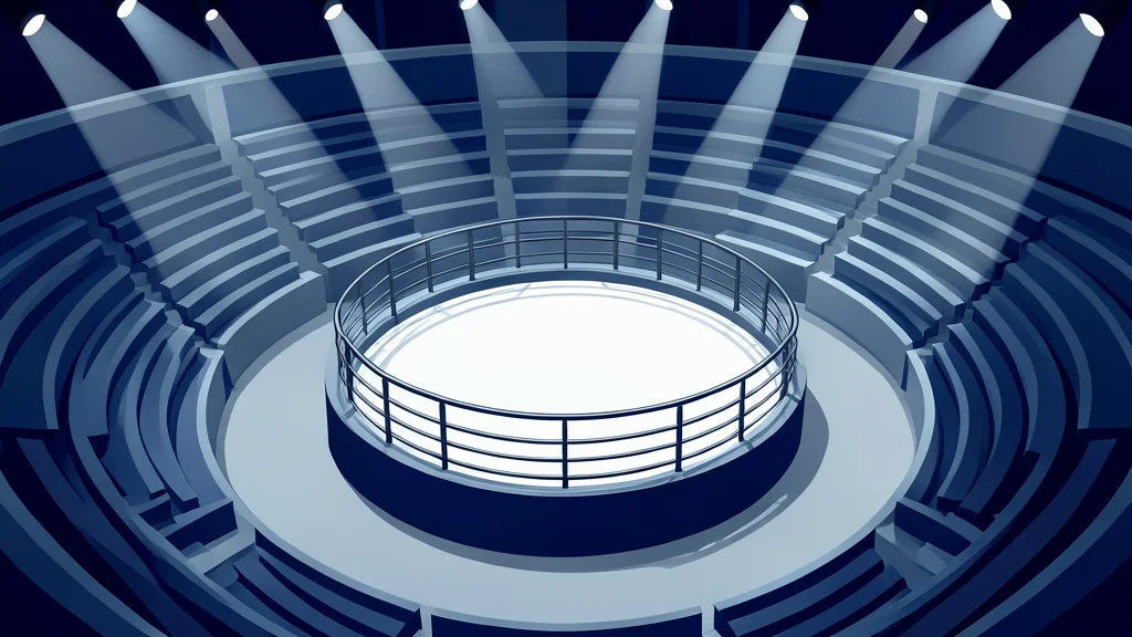 A large indoor arena with a circular fighting cage in the center