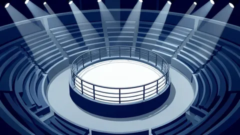 A large indoor arena with a circular fighting cage in the center
