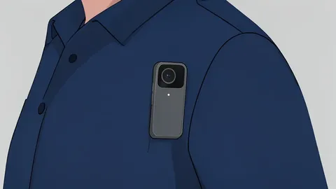 A flat-vector illustration of a body-worn camera device clipped to a uniform