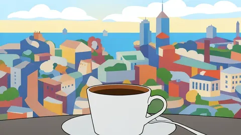 A flat-vector illustration of a drive-through coffee kiosk with a large iced coffee cup on the counter.