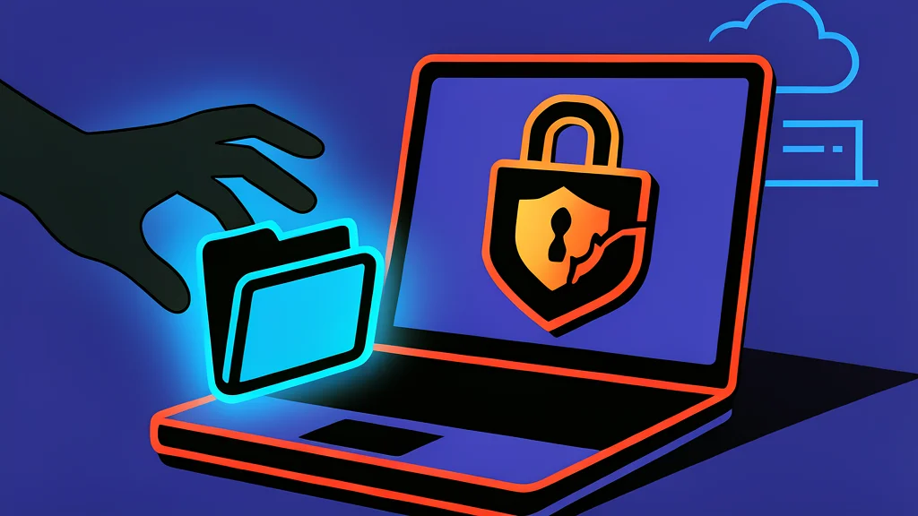 A stylized illustration of a server rack in a data center with a lock symbol overlay.