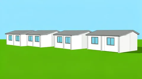 A grassy field with a row of temporary modular housing units and a distant military hangar structure