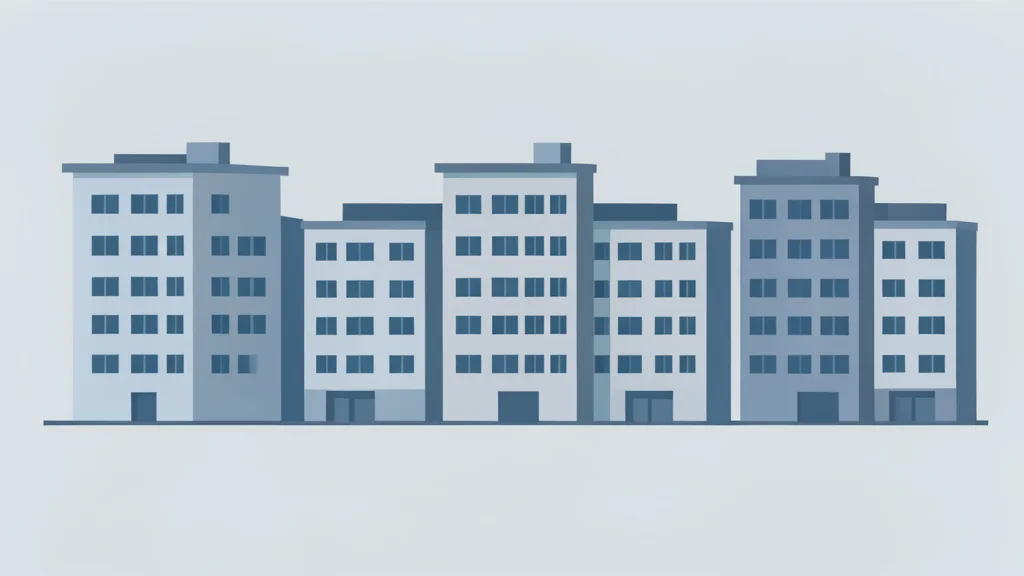 A row of multi-story apartment buildings in a residential district