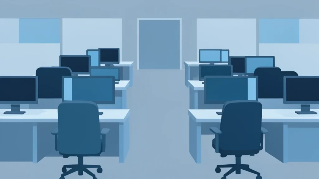 A flat vector illustration of a trading floor with rows of desks and computer monitors.