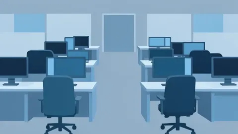 A flat vector illustration of a trading floor with rows of desks and computer monitors.