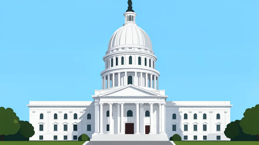 A stylized vector illustration of a state capitol building with a dome, surrounded by abstract digital network nodes.