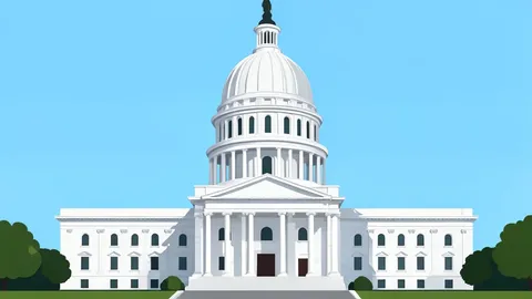 A stylized vector illustration of a state capitol building with a dome, surrounded by abstract digital network nodes.