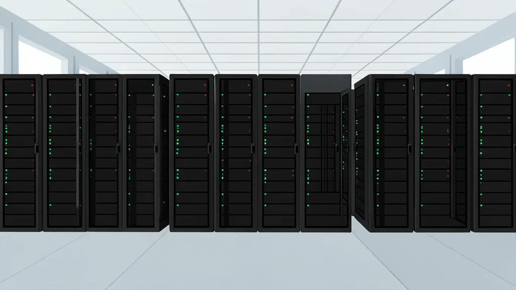 Rows of black server racks with blinking status lights inside a large, air-conditioned facility
