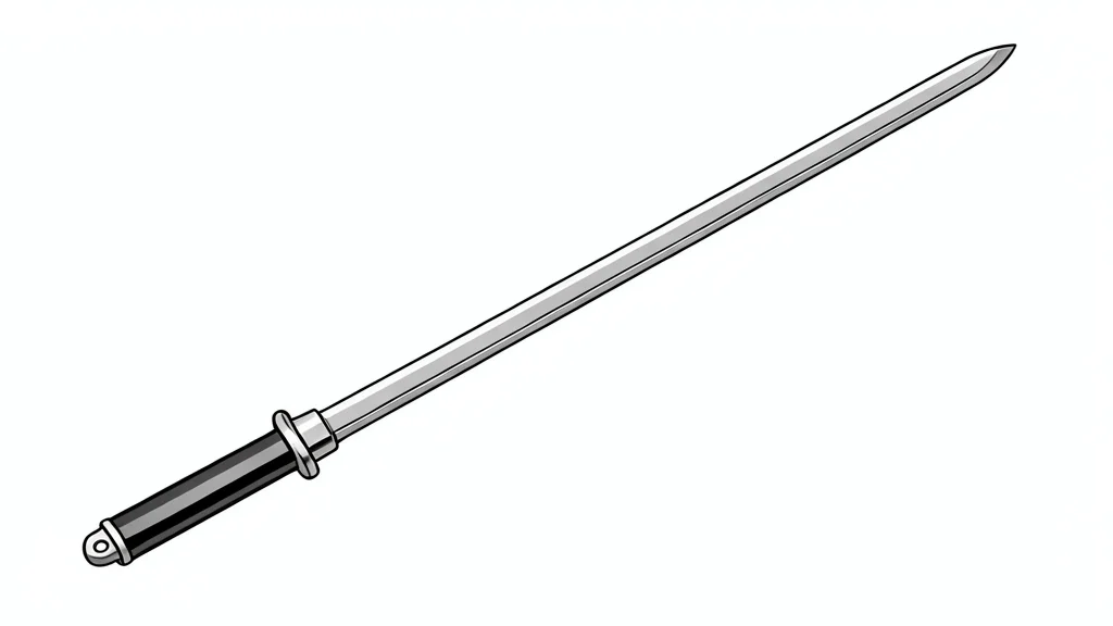 A polished steel épée fencing sword resting on a white mat in a competition hall