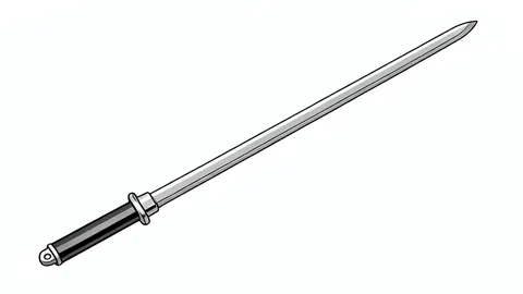 A polished steel épée fencing sword resting on a white mat in a competition hall