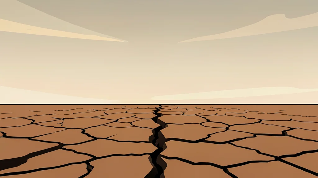 A cracked, dry riverbed stretching into the distance under a hazy, heat-distorted sky.