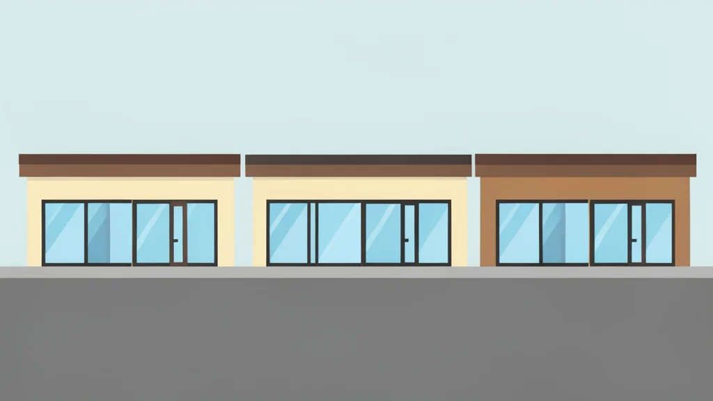 A row of single-story retail storefronts with glass windows and flat roofs