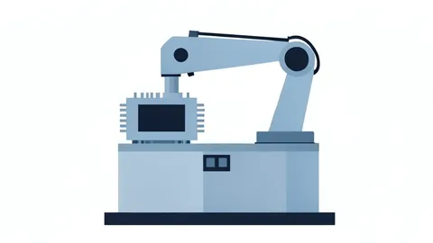 A robotic arm positioning a microchip inside a semiconductor test handler machine.