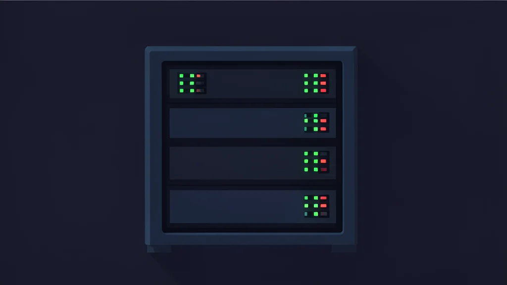A dark server rack with blinking status lights in a dim room.