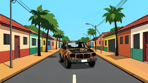 A flat-vector illustration of a residential township street with a burnt-out vehicle in the foreground.