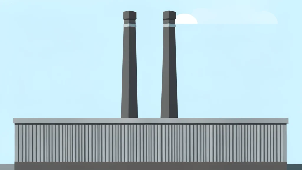 A heavy industrial factory exterior with large ventilation stacks and metal siding