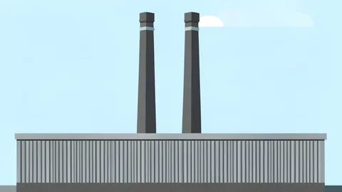 A heavy industrial factory exterior with large ventilation stacks and metal siding