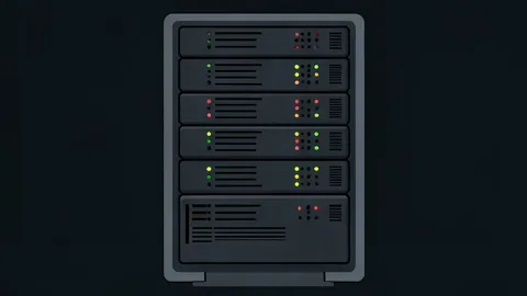 A server rack with blinking status lights in a dark data center