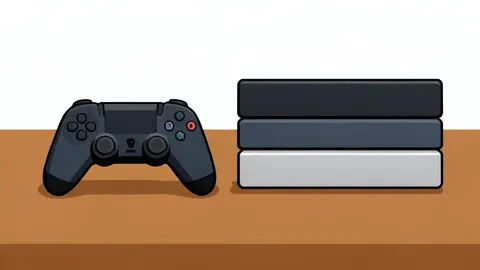 A flat-vector illustration of a gaming controller resting on a desk next to a stack of video game cases