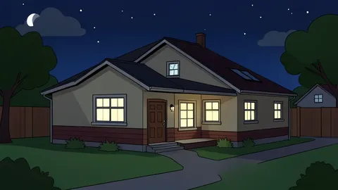 A residential house exterior in a township setting at night